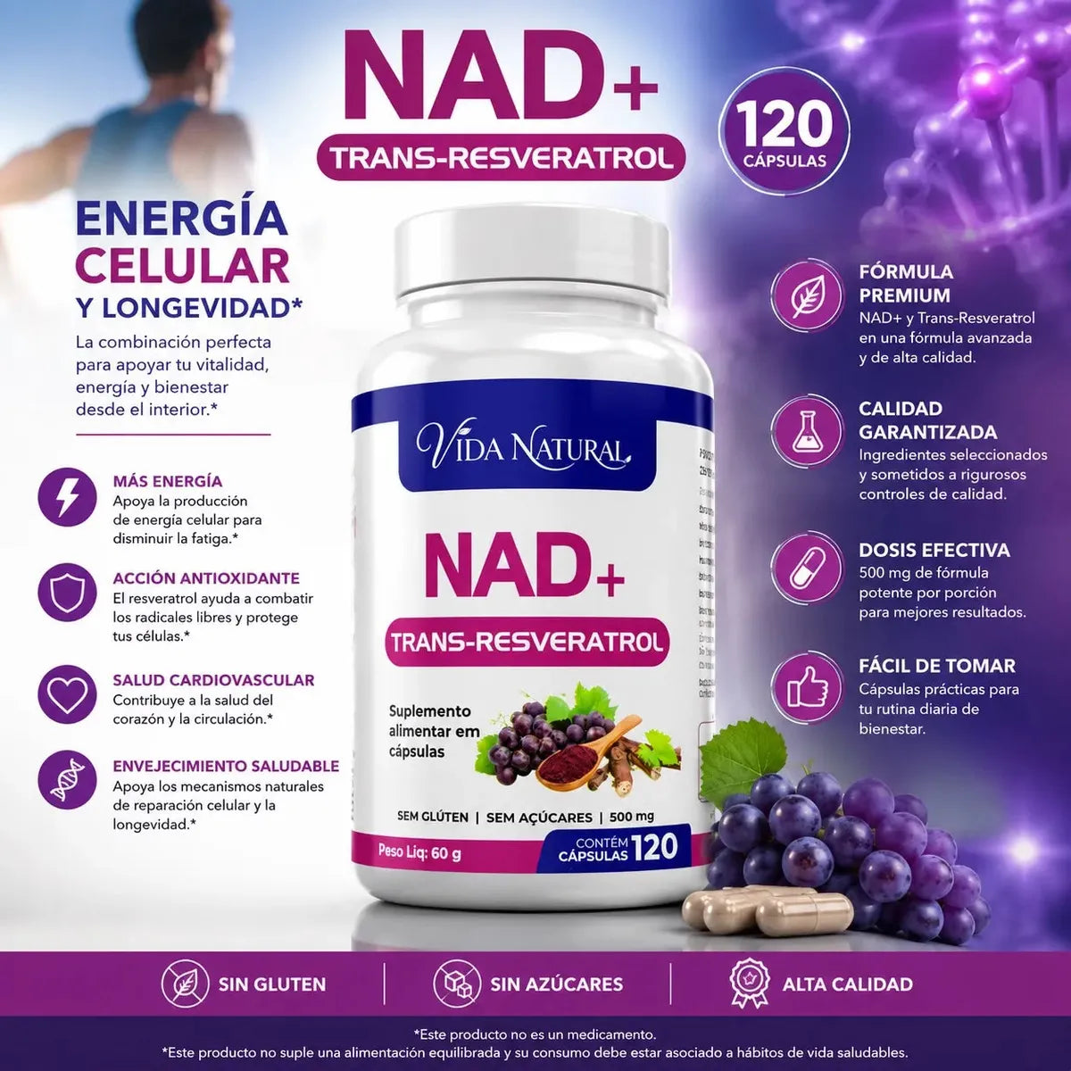 NAD+ con Trans-Resveratrol · 120 Cápsulas — Energía celular