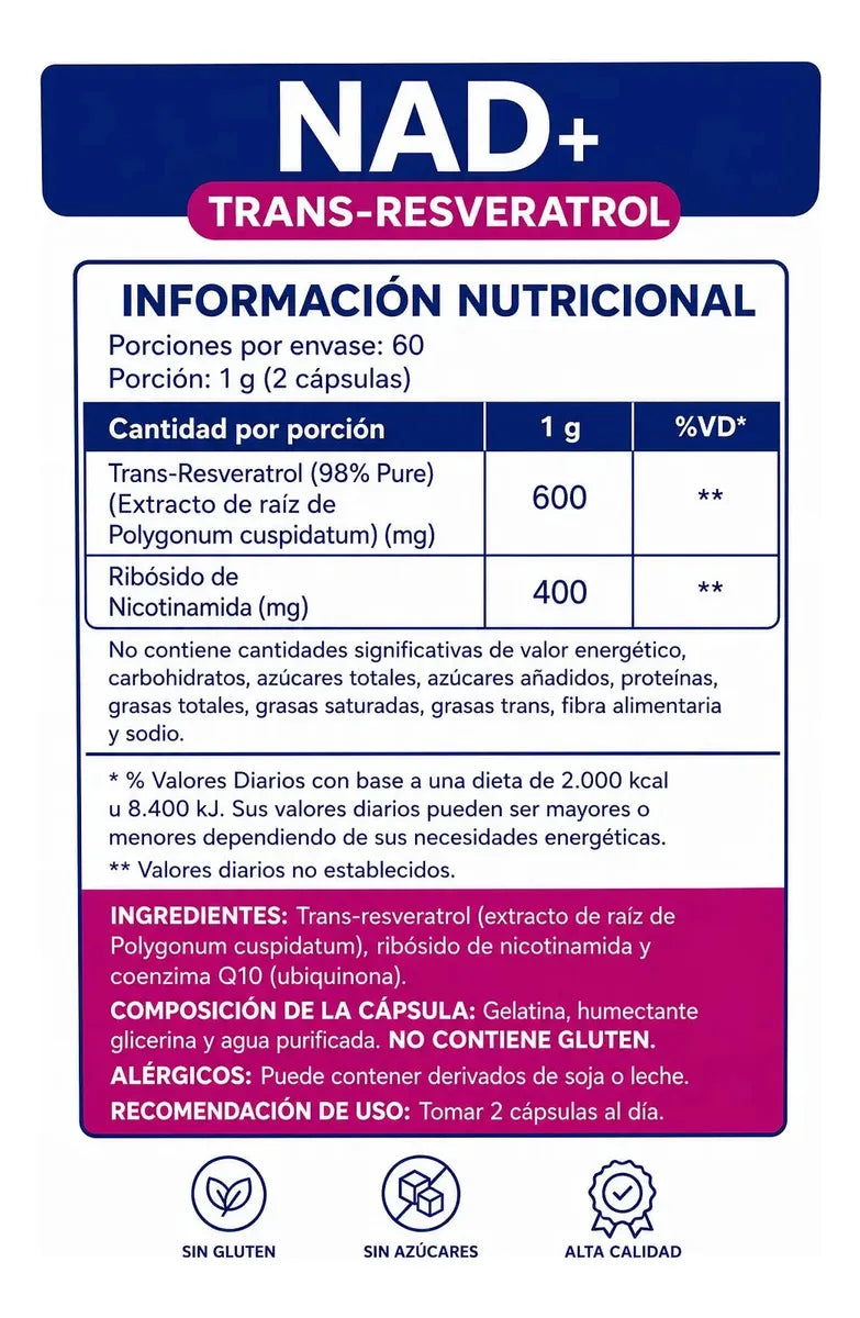 NAD+ con Trans-Resveratrol · 120 Cápsulas — Energía celular