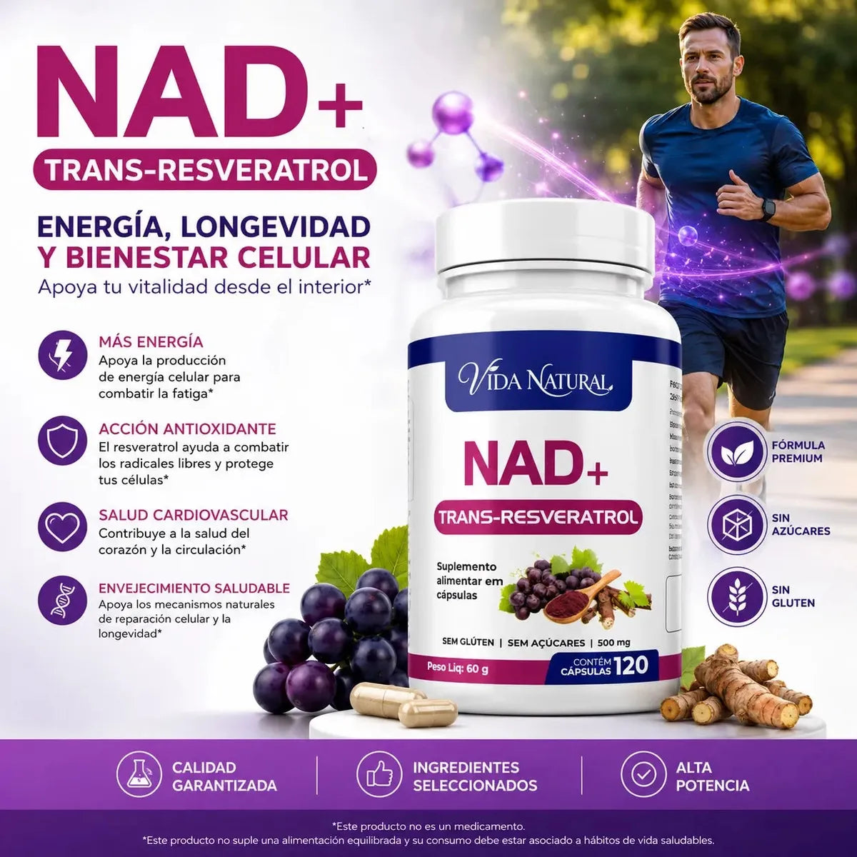 NAD+ con Trans-Resveratrol · 120 Cápsulas — Energía celular