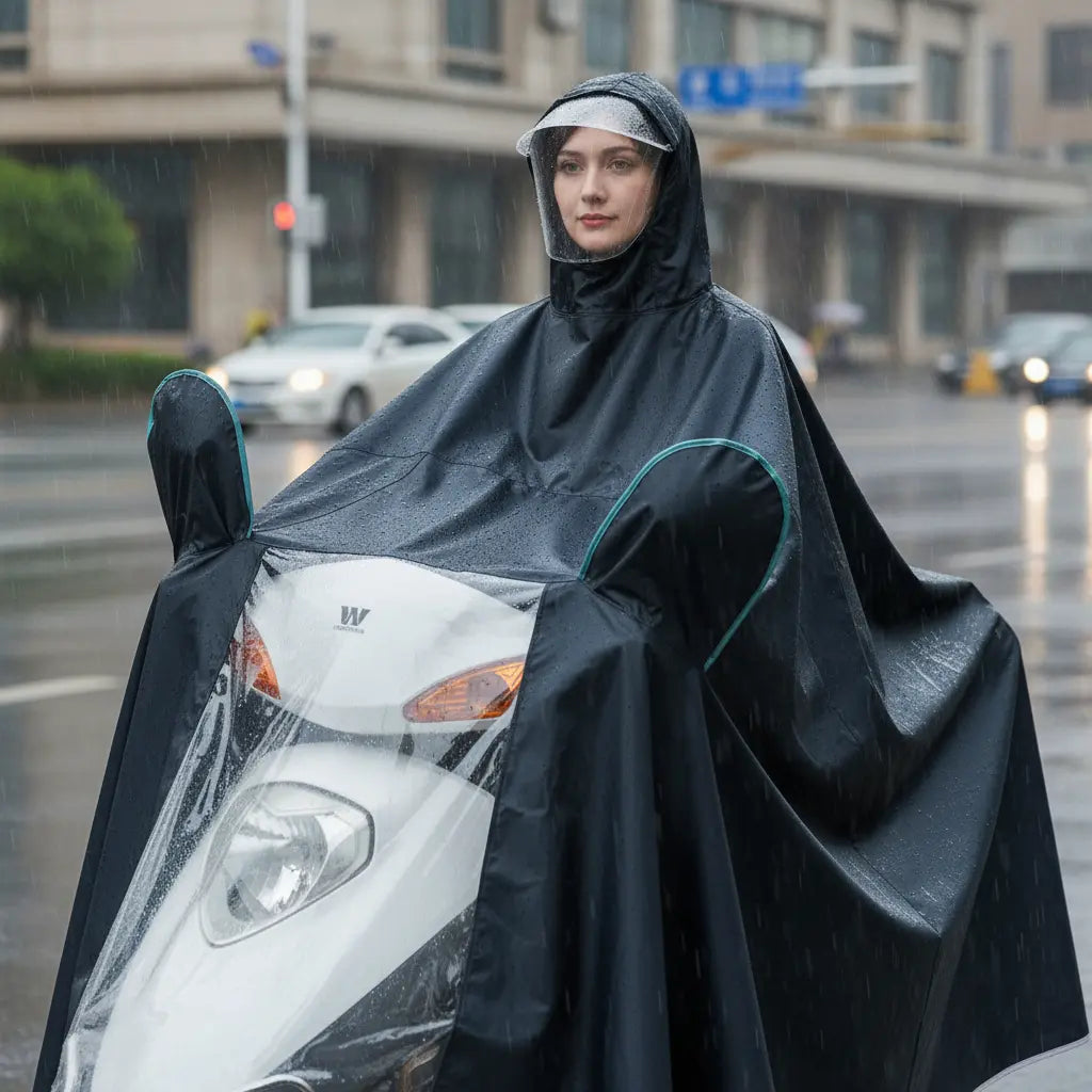 Pilot impermeable cubre moto en uso bajo la lluvia