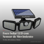 Foco Solar LED con Sensor de Movimiento — 74 LEDs, 300 Lúmenes y 3 Modos