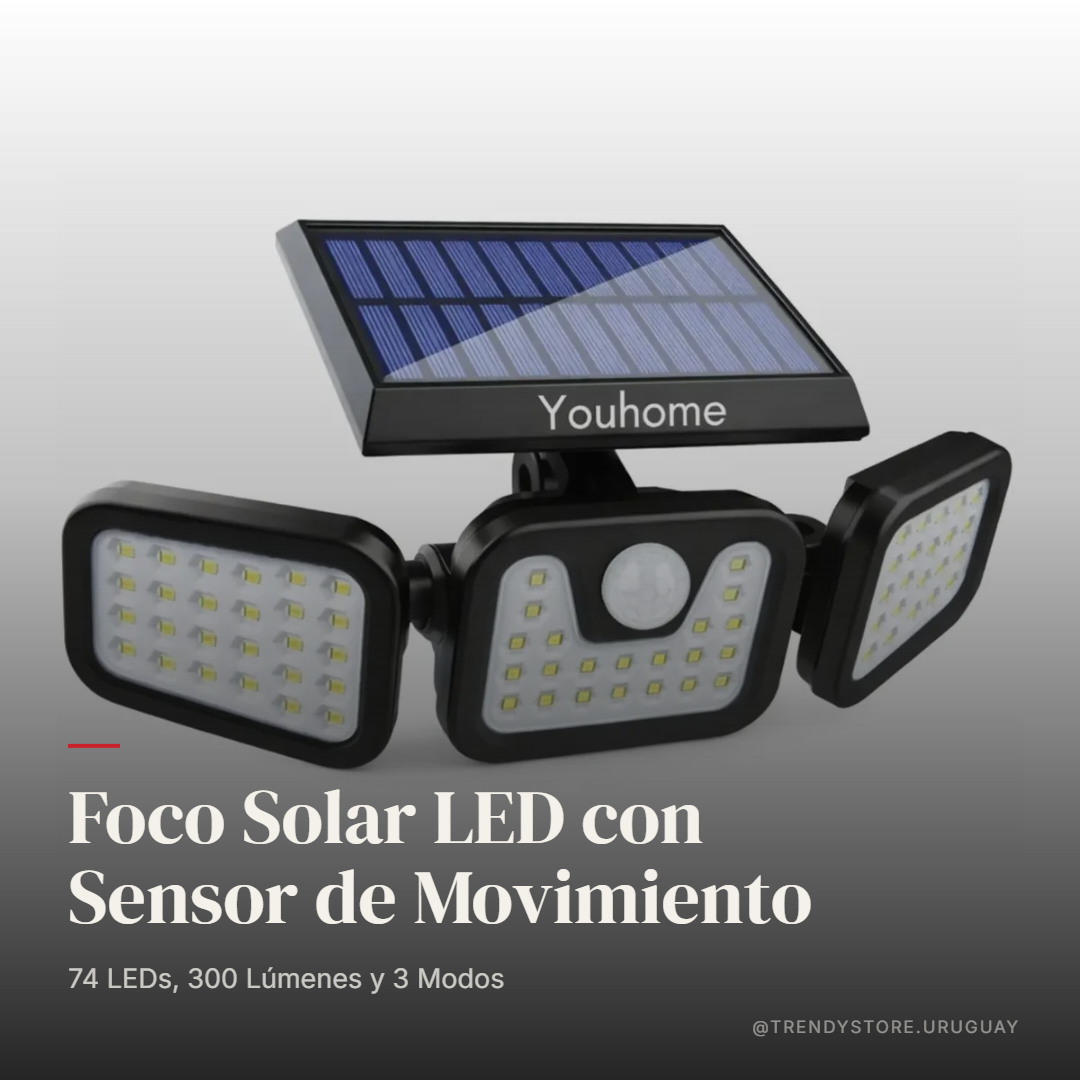 Foco Solar LED con Sensor de Movimiento — 74 LEDs, 300 Lúmenes y 3 Modos