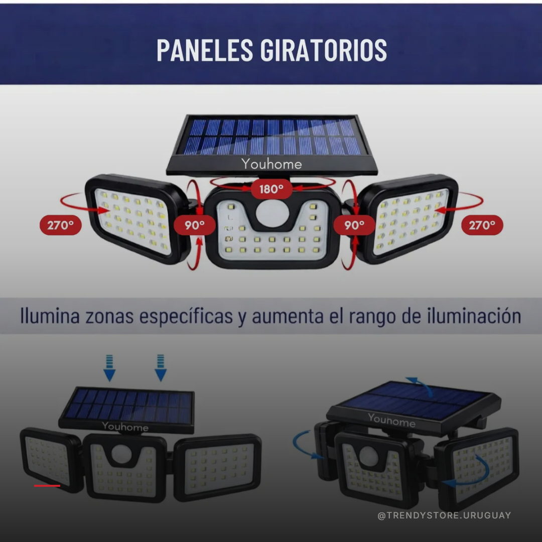 Foco Solar LED con Sensor de Movimiento — 74 LEDs, 300 Lúmenes y 3 Modos
