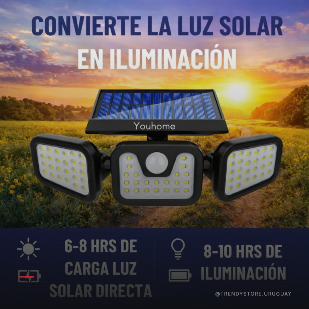Foco Solar LED con Sensor de Movimiento — 74 LEDs, 300 Lúmenes y 3 Modos