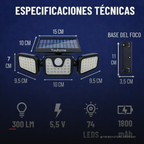 Foco Solar LED con Sensor de Movimiento — 74 LEDs, 300 Lúmenes y 3 Modos