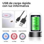 Carga USB y luz LED: azul funcionando, roja cargando, sin luz carga completa