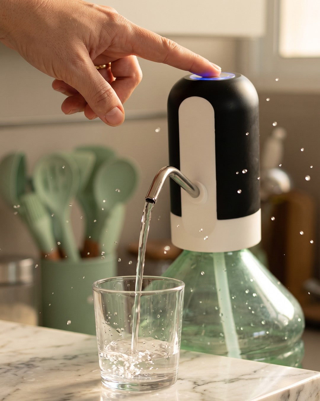 Una mano toca el botón y el dispensador llena un vaso de agua