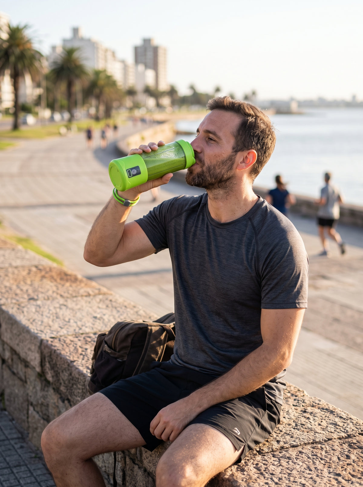 Hombre tomando un licuado verde de la licuadora portátil en la Rambla de Montevideo