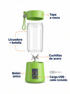 Vista despiezada de la licuadora portátil: tapa, vaso, cuchillas y base con botón y puerto USB