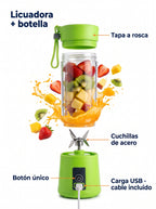Licuadora + botella: tapa a rosca, cuchillas de acero, botón único, carga USB con cable incluido