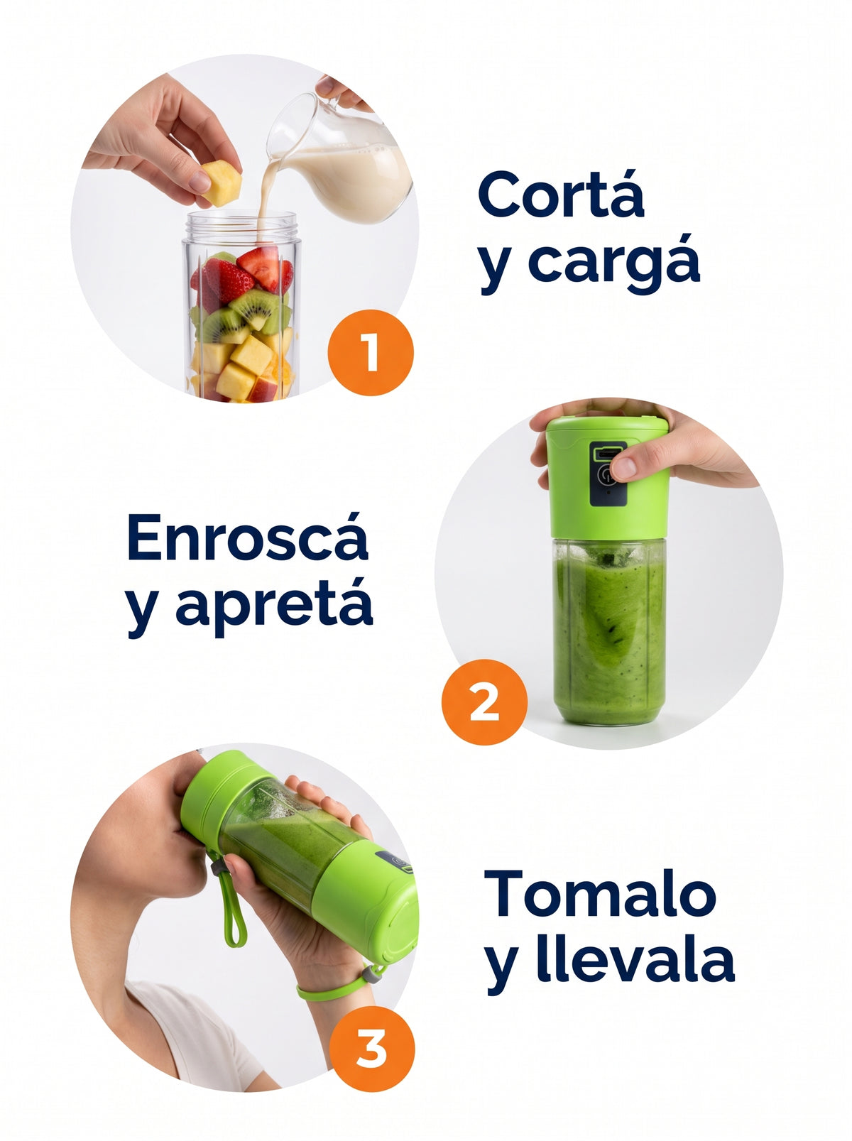 Cómo se usa: cortá y cargá, enroscá y apretá, tomalo y llevala