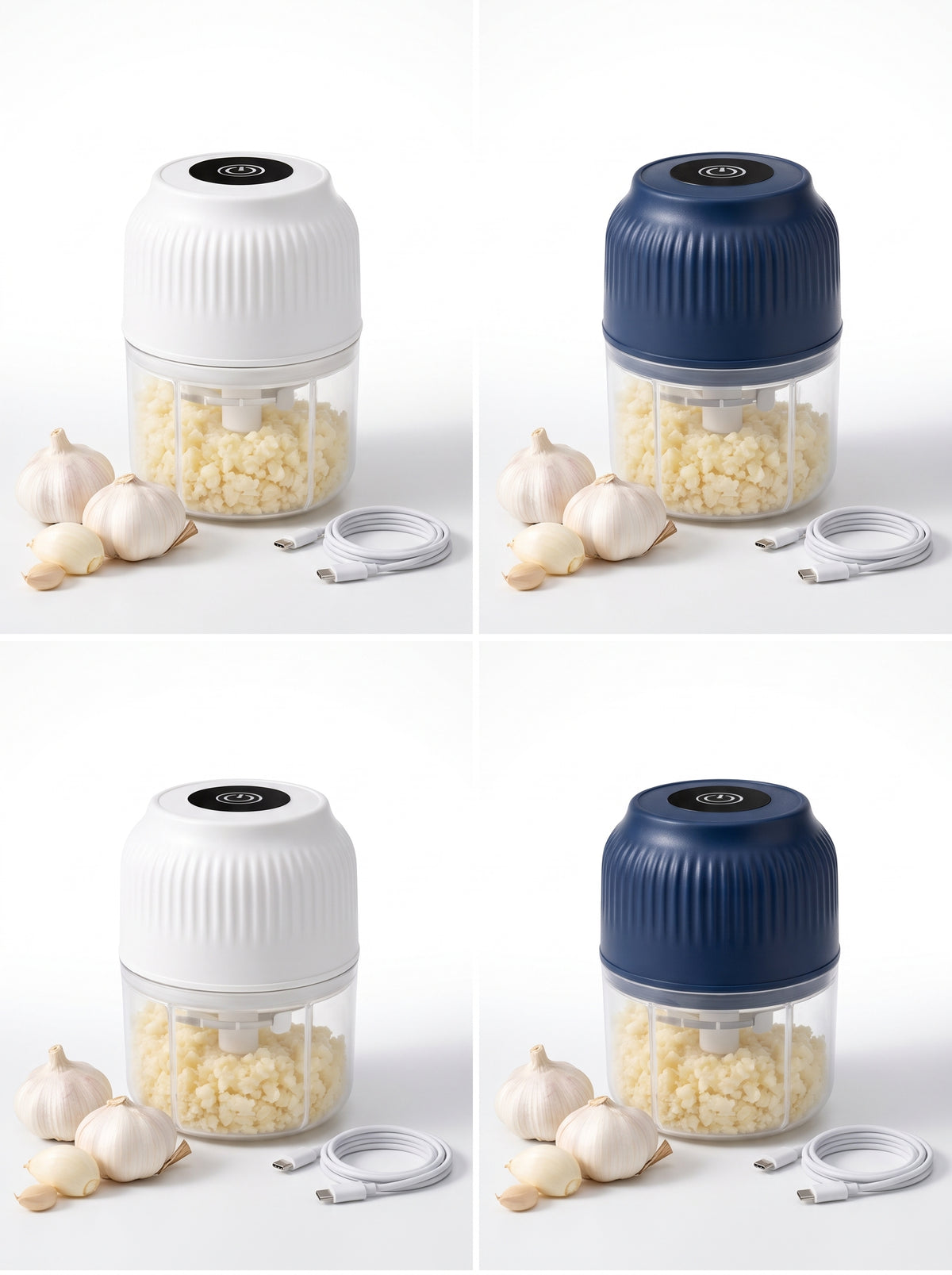 Mini procesadora en blanco y azul marino