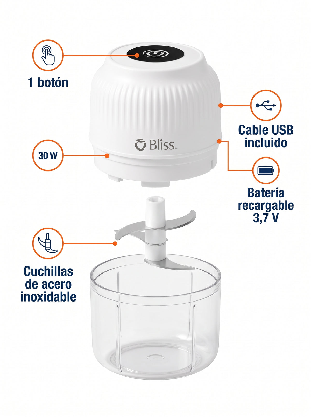 Partes de la mini procesadora: 1 botón, 30 W, cuchillas de acero inoxidable, batería recargable 3,7 V, cable USB incluido