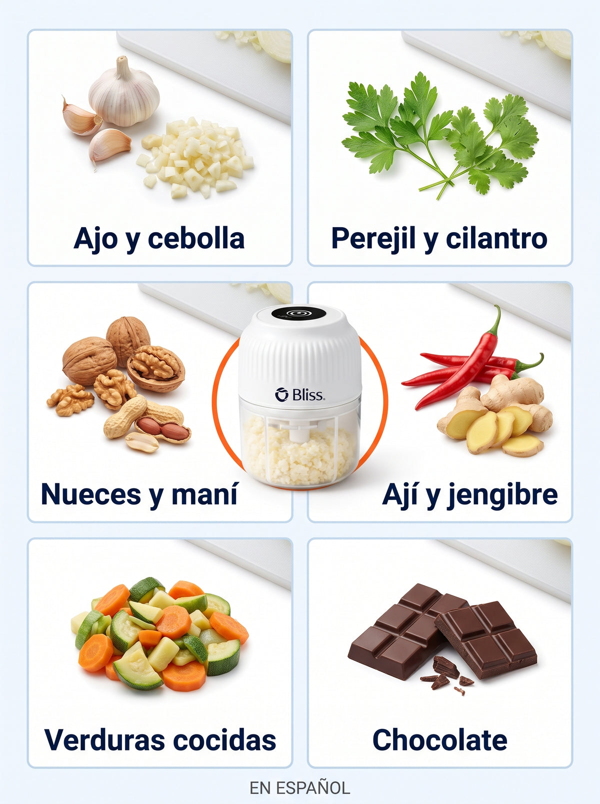 Qué podés picar: ajo y cebolla, perejil y cilantro, nueces y maní, ají y jengibre, verduras cocidas, chocolate