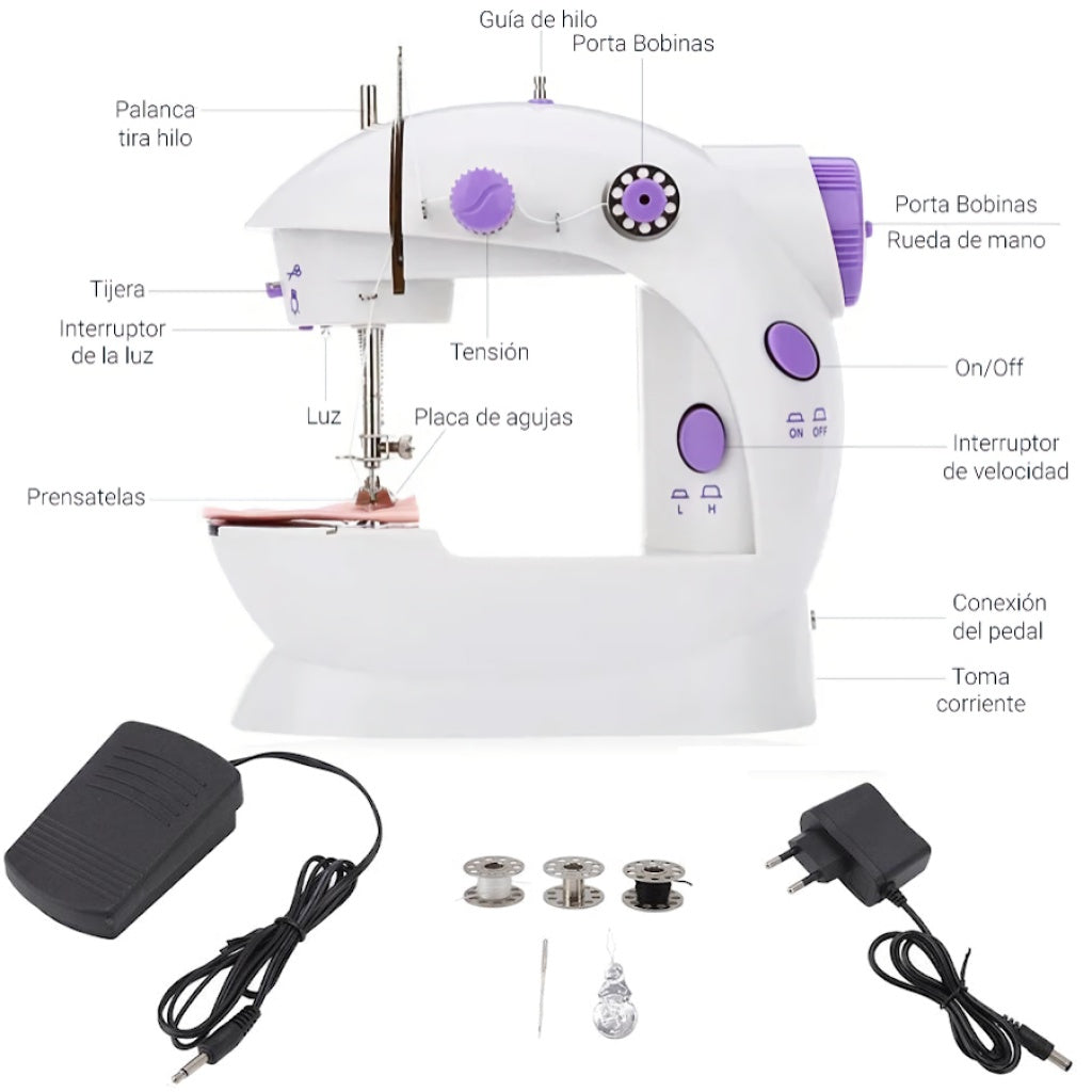 Máquina de coser mini con pedal — contenido del pack